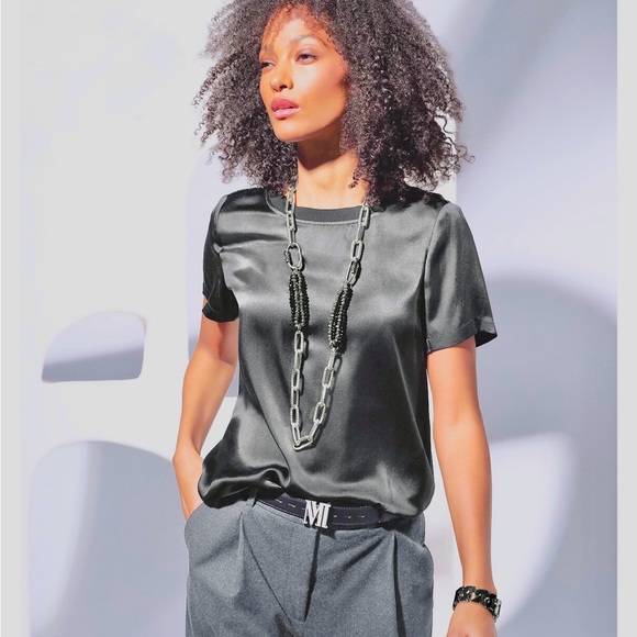 Eileen Fisher Tops - Eileen Fisher shiny grey silk short sleeve blouse petite medium EUC